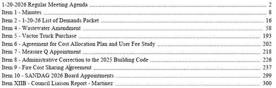 agenda table of contents