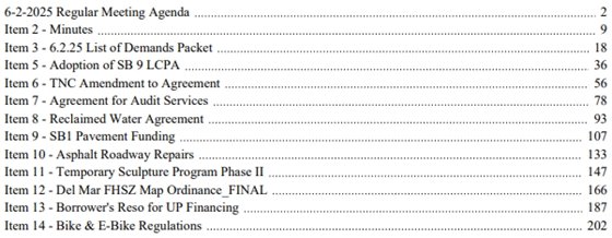 agenda table of contents