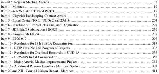 agenda table of contents