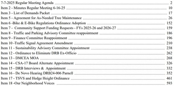 agenda table of contents