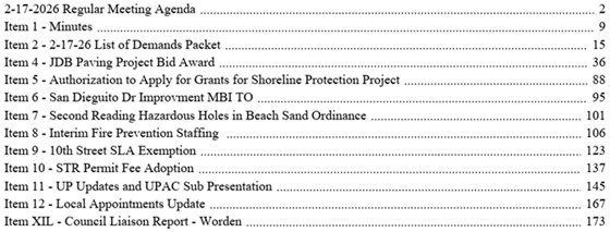 agenda table of contents