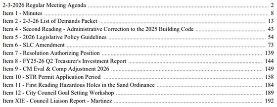 agenda table of contents