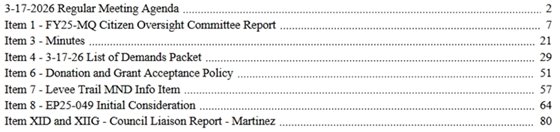 agenda table of contents