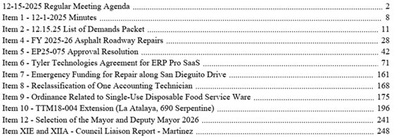 agenda table of contents