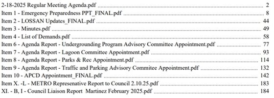 agenda table of contents