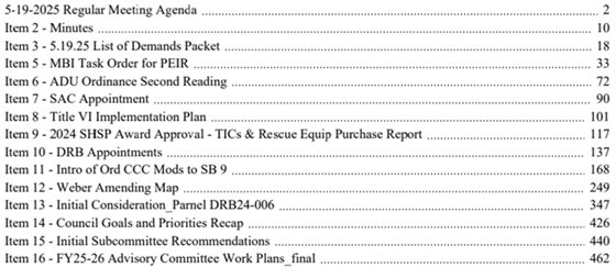 agenda table of contents