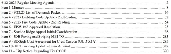 agenda table of contents