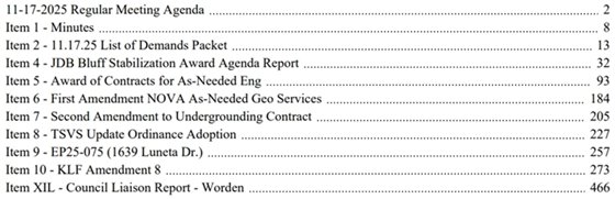 agenda table of contents