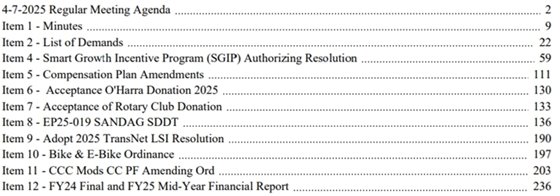 agenda table of contents