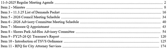 agenda table of contents