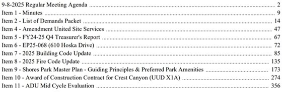 agenda table of contents