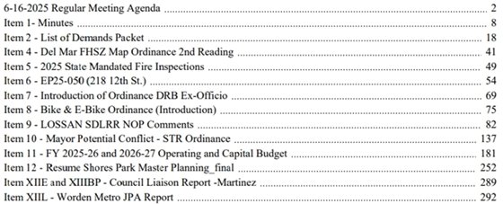 agenda table of contents