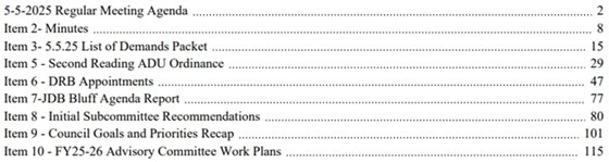 agenda table of contents