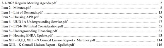 City Council agenda table of contents