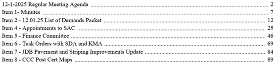 agenda table of contents