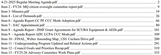 agenda table of contents