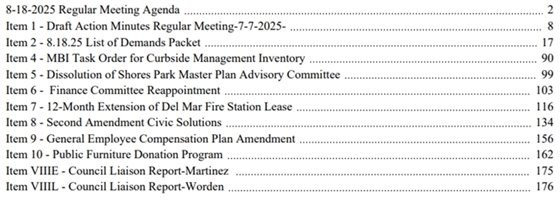 agenda table of contents